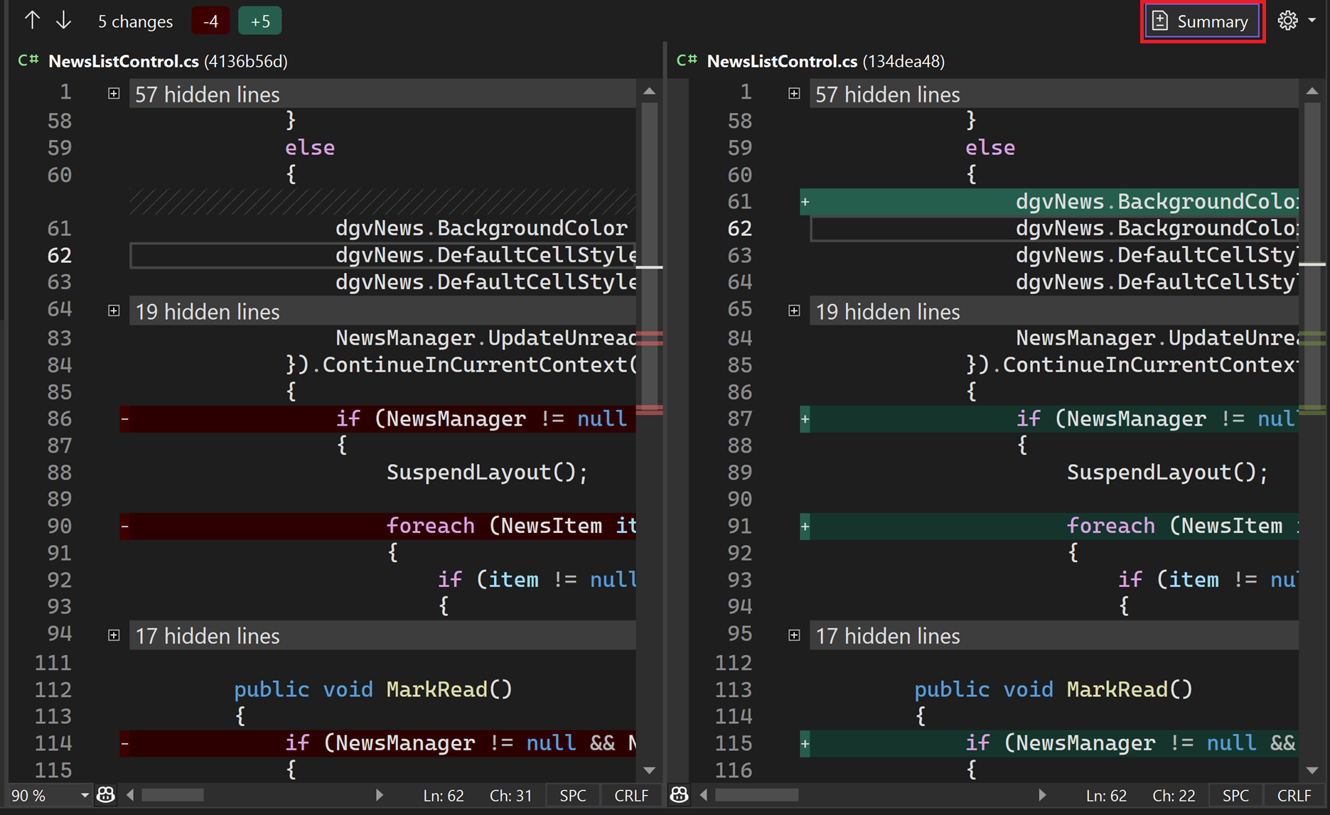 Visual Studio 2022 で概要ボタンのテキストが強調表示された [新しいプル要求] ウィンドウが表示されます。