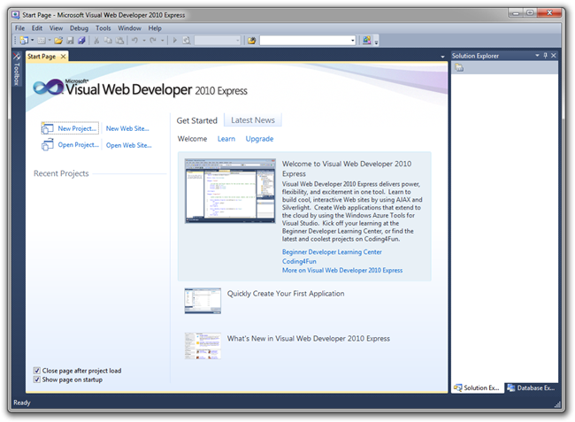 시작 페이지를 보여주는 Microsoft Visual Web Developer 2010 Express 창의 스크린샷
