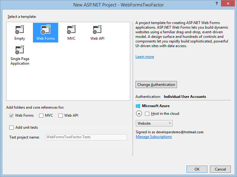 새 ASP.Net 프로젝트 대화 상자에서 파란색으로 강조 표시된 웹 폼 아이콘의 스크린샷