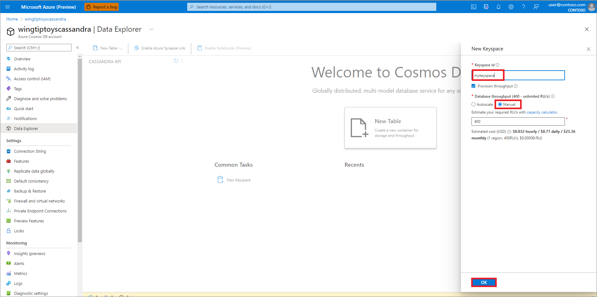 Azure Cosmos DB 키스페이스를 생성합니다.