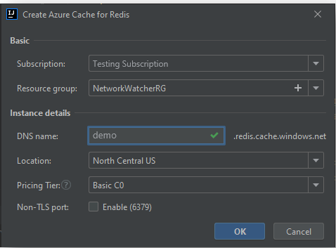 새 Redis Cache 만들기 대화 상자
