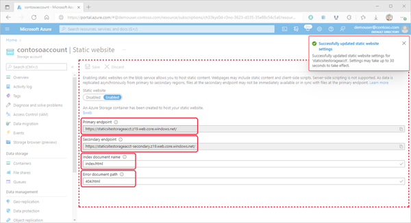 Azure Portal 내의 정적 웹 사이트 속성을 보여 주는 이미지