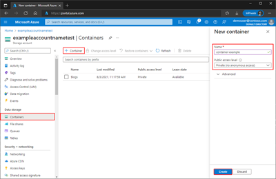 Azure Portal에서 컨테이너를 만드는 방법을 보여 주는 스크린샷