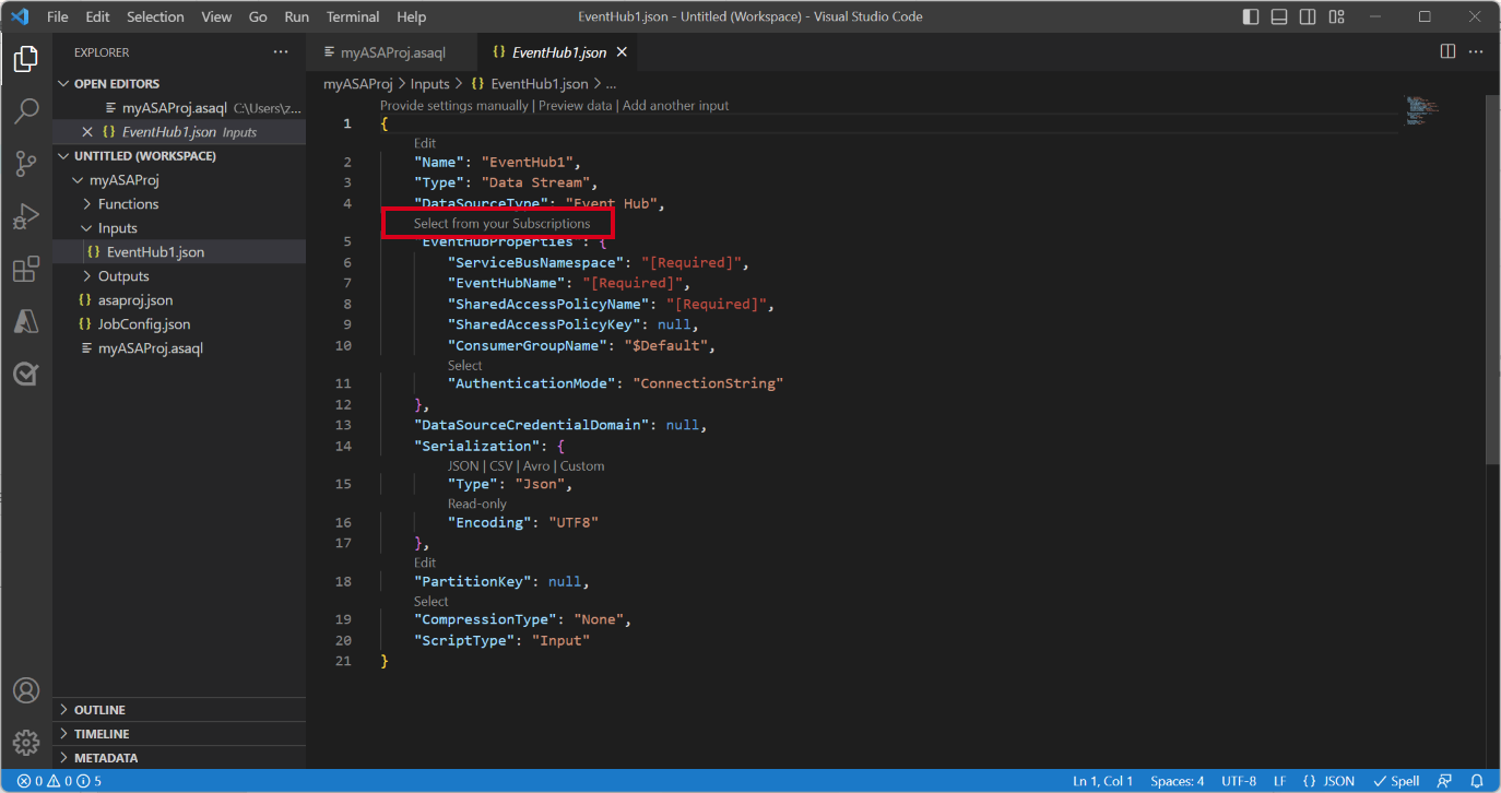 입력 json 파일을 보여주는 VS Code 확장의 스크린샷.