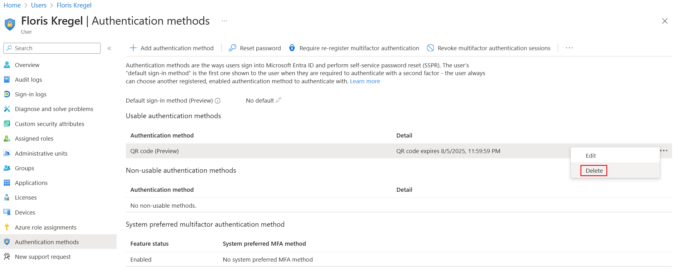 Microsoft Entra 관리 센터에서 사용자의 QR 코드 인증 방법을 삭제하는 방법을 보여 주는 스크린샷