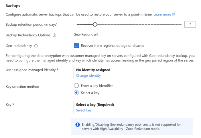 Compute + Storage Azure Portal 유연한 서버 배포 페이지의 고가용성 및 백업 섹션 스크린샷