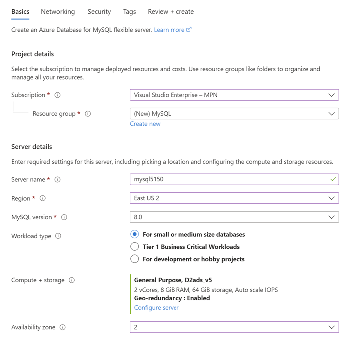 기본 Azure Portal 유연한 서버 배포 페이지의 프로젝트 및 서버 세부 정보 섹션 스크린샷.