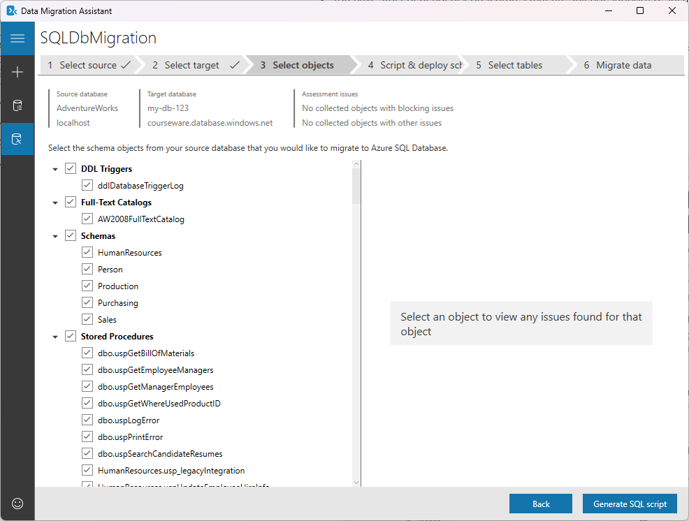 Data Migration Assistant의 개체 선택 탭을 보여주는 스크린샷.