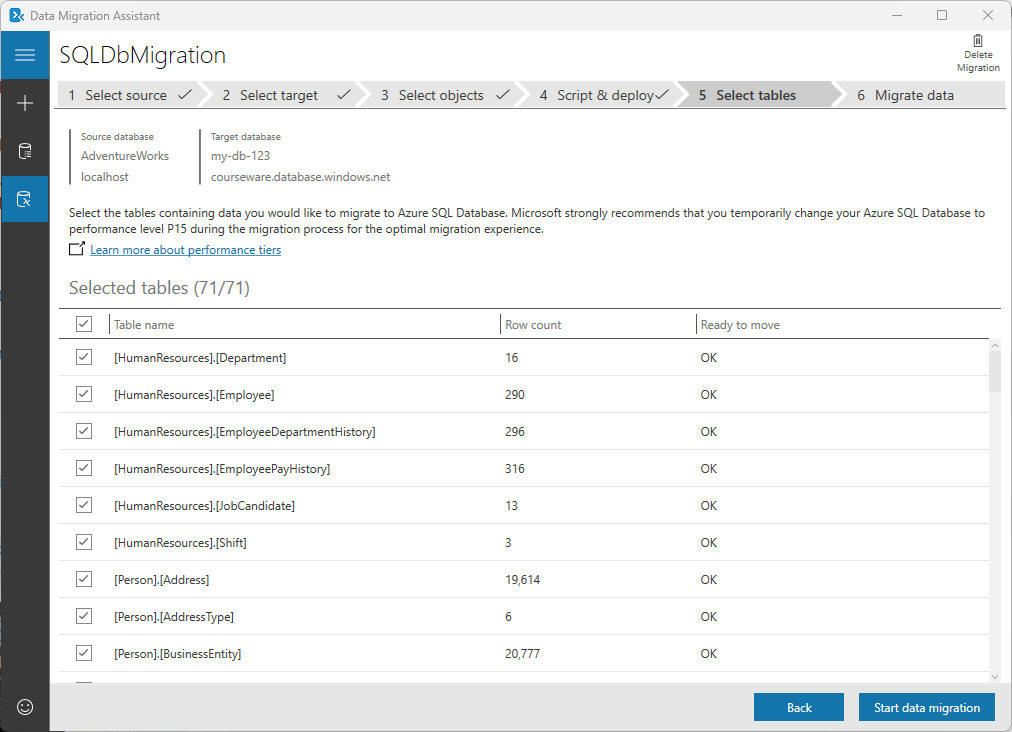 Data Migration Assistant의 테이블 선택 탭을 보여주는 스크린샷.