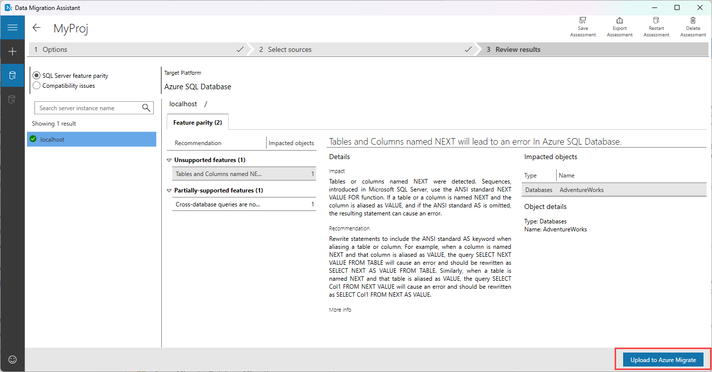 Azure Migrate에 Data Migration Assistant 평가를 업로드하는 방법을 보여 주는 스크린샷