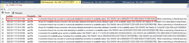 SQL19AGN1 오류 로그에 보고된 연결 제한 시간을 보여 주는 스크린샷