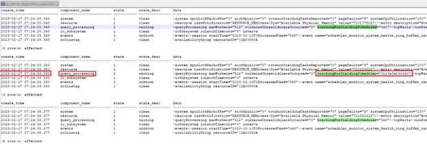출력이 연결된 sp_server_diagnostics 보여 주는 스크린샷.