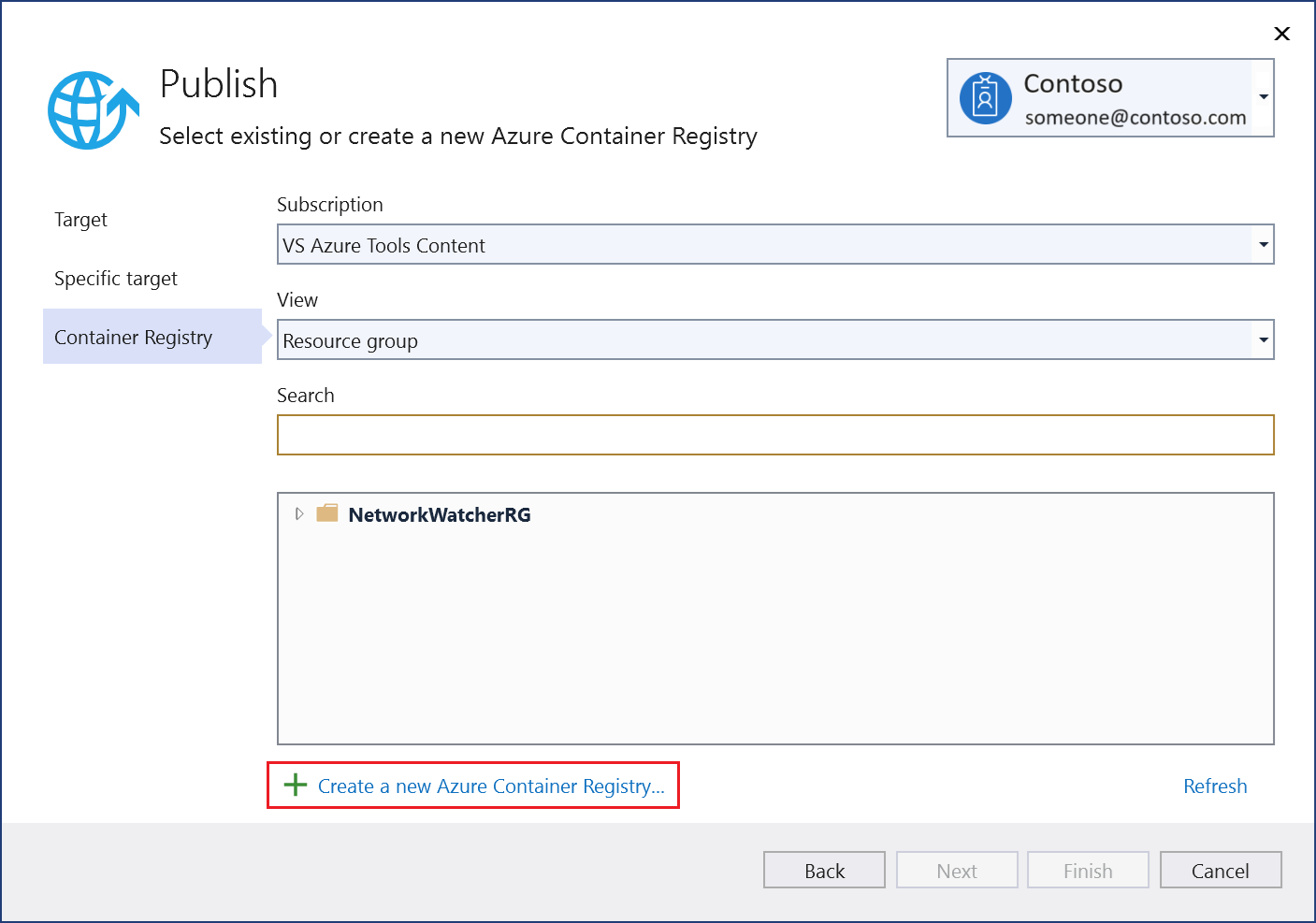 새 Azure Container Registry 만들기를 선택하는 방법을 보여 주는 게시 대화 상자의 스크린샷