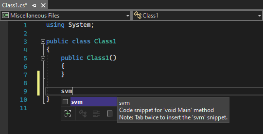 Visual Studio 2022의 코드 조각에 대한 IntelliSense 팝업 스크린샷