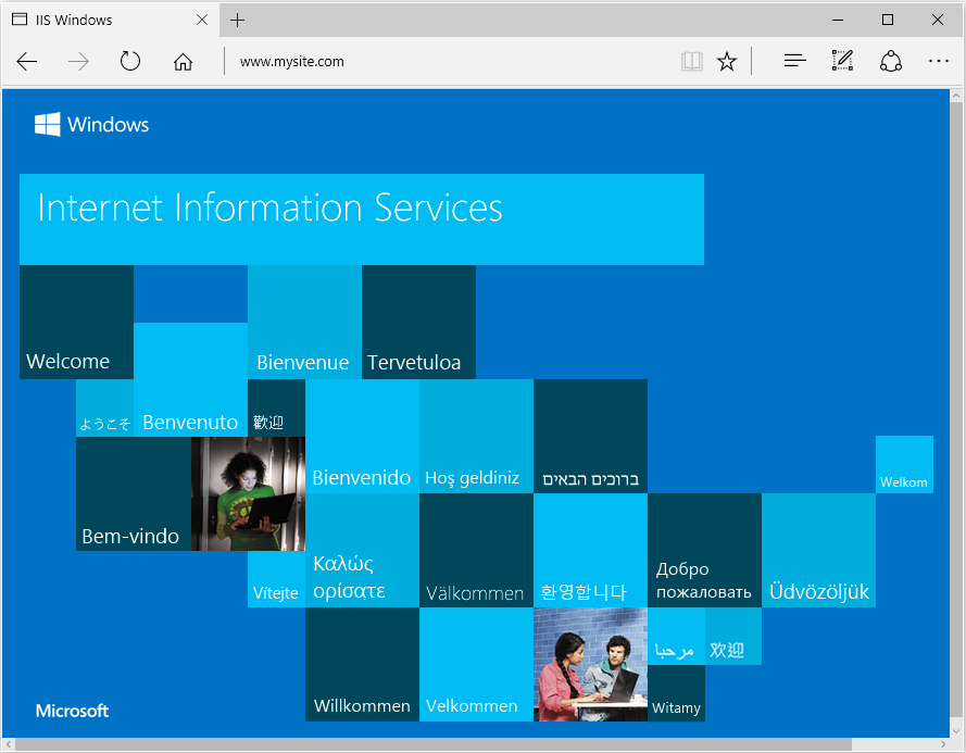 Microsoft Edge 浏览器已加载 IIS 启动页。