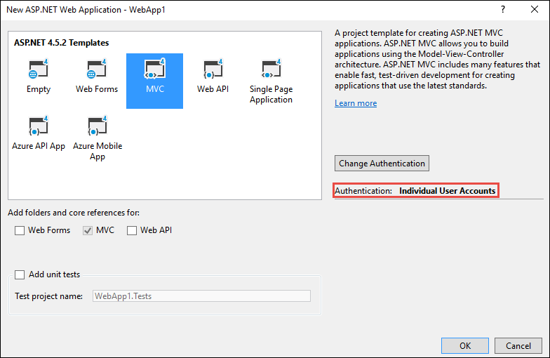 “新建 Web 应用程序”对话框：在 ASP.NET 模板面板中选择的 MVC 项目模板
