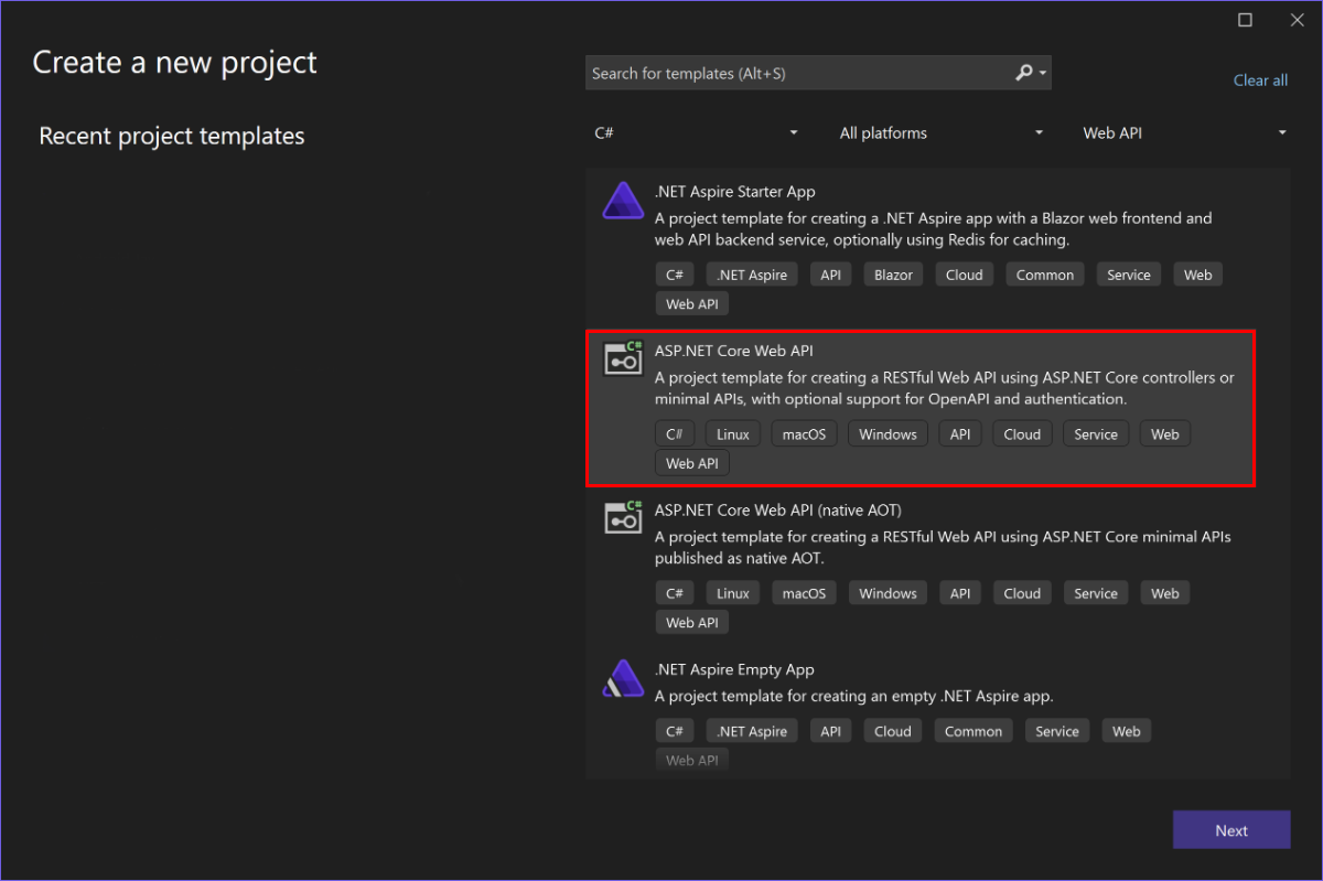 “新建 ASP.NET Web 应用程序”对话框，其中已选中 Web API 项目模板