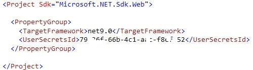 应用项目文件中的 UserSecretsId MS Build 属性配置。
