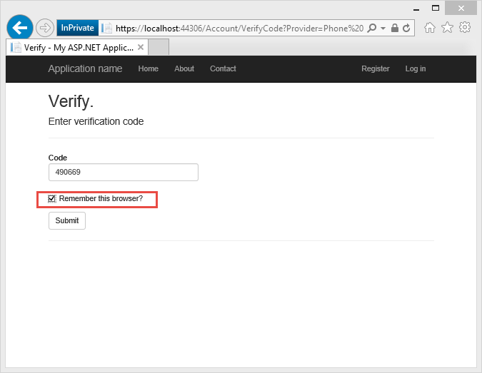 屏幕截图，显示了 ASP.NET 应用程序的 2FA 验证页面。在示例代码下方，突出显示了“记住此浏览器”复选框。