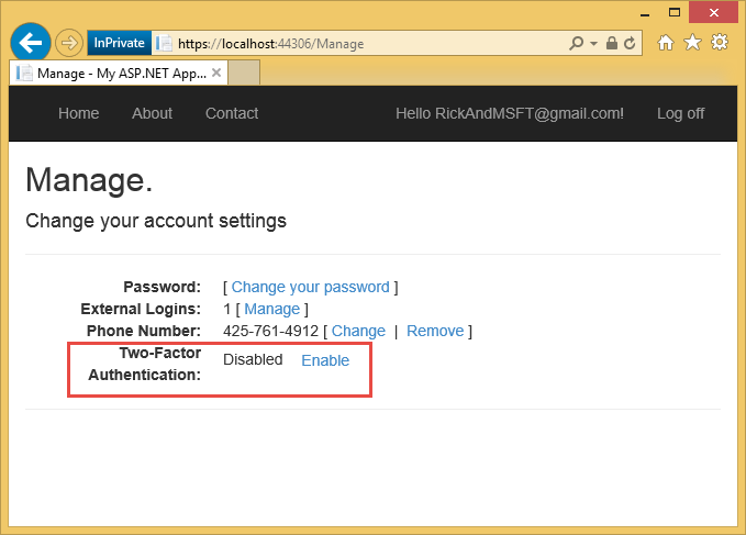 显示 ASP .NET 应用的“帐户设置”页的屏幕截图。突出显示“双因素身份验证：已使用启用链接禁用”部分。