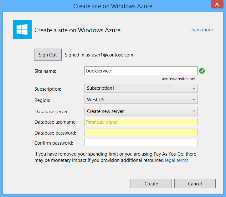 “在 Windows Azure 上创建站点”对话框的屏幕截图，其中以黄色突出显示了“数据库用户名”和“数据库密码”字段。