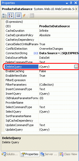 显示“ProductsDataSource 属性”窗口的屏幕截图，其中选择了 DeleteQuery 属性。