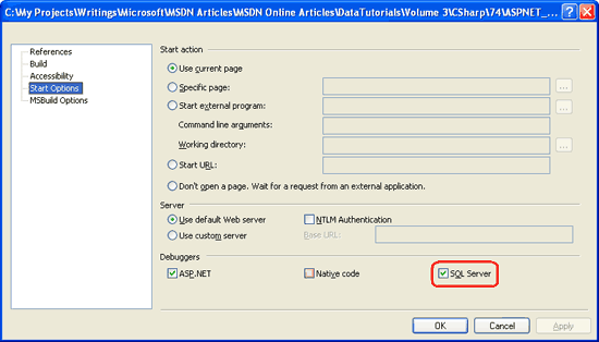 在应用程序属性页中勾选 SQL Server 复选框