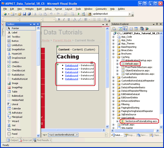 图 2：将 SectionLevelTutorialListing.ascx 用户控件添加到Default.aspx