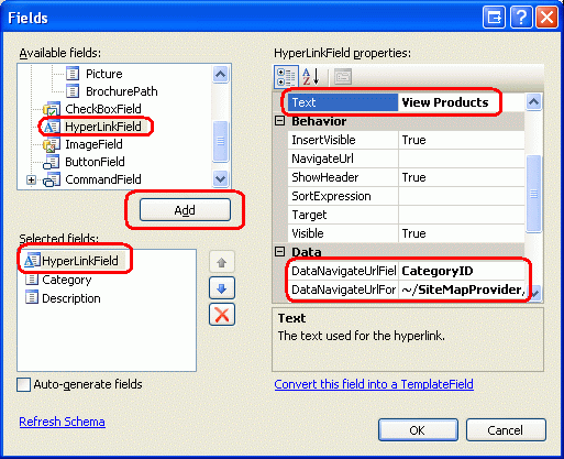 将 HyperLinkField 添加到 Categories GridView