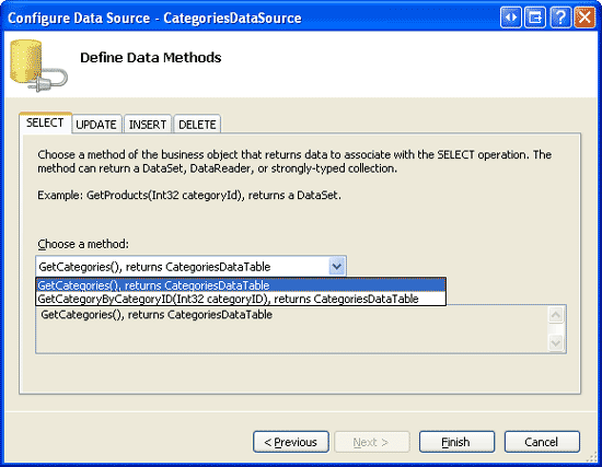 将 ObjectDataSource 配置为使用 CategoriesBLL 类 s GetCategories 方法