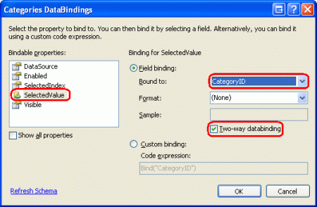 使用 Two-Way Databinding 将 CategoryID 绑定到 DropDownList 的 SelectedValue 属性
