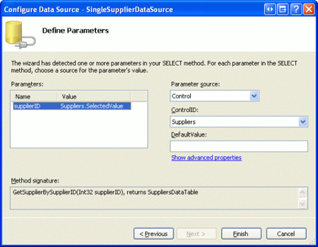 使用供应商 DropDownList 作为 supplierID 参数源