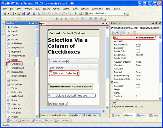 将名为 ProductSelector 的 CheckBox Web 控件添加到 TemplateField s ItemTemplate