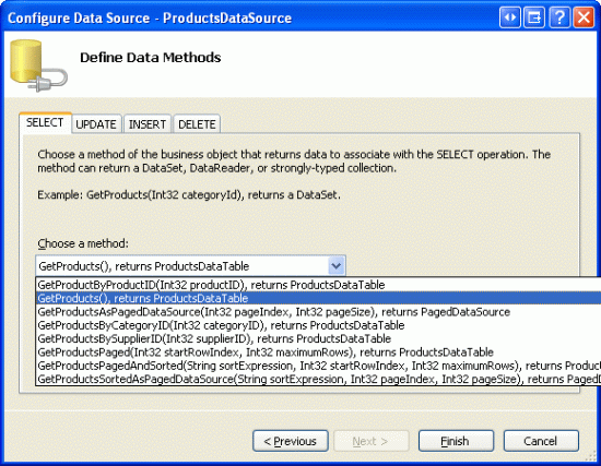 使用 GetProducts（） 方法配置 ObjectDataSource 以检索数据