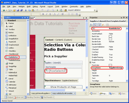 向 ItemTemplate 添加 RadioButton Web 控件