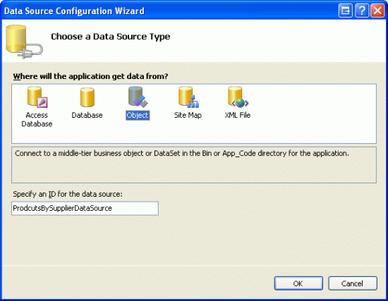 将 ProductsBySupplier GridView 绑定到 New ObjectDataSource