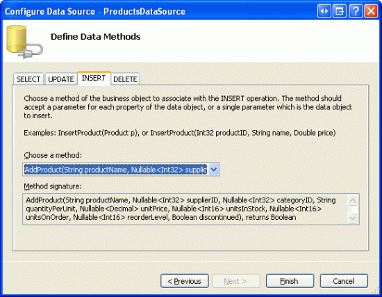 将 AddProduct 方法映射到 ObjectDataSource s Insert（） 方法