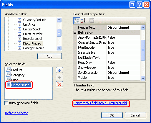 将现有 BoundFields 和 CheckBoxField 转换为 TemplateField