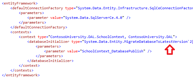 在 C：\inetpub\wwwroot\ContosoUniversity 的已部署应用程序中打开 Web.config 文件，并查看Code First 迁移配置的部署过程，以便将数据库自动更新到最新版本。