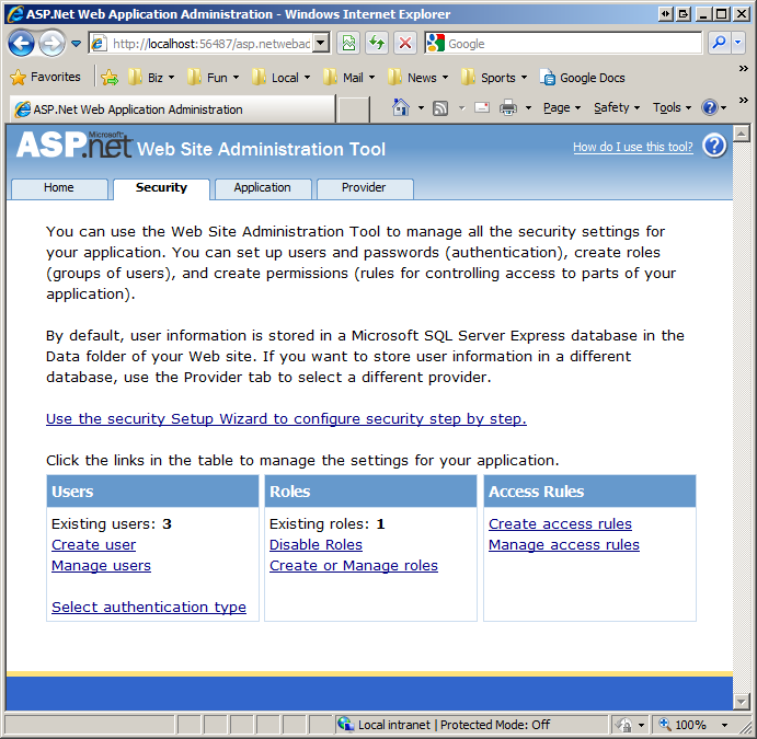 ASP.NET 网站管理工具的屏幕截图，用于创建和管理用户、角色以及访问规则。