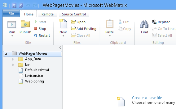 在 WebMatrix 中打开的新 WebPagesMovies 网站