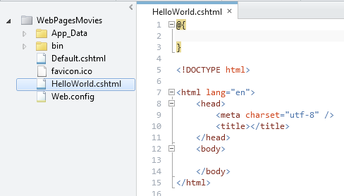 WebMatrix 编辑器中的新 HelloWorld 页面
