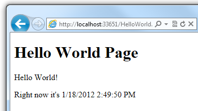 浏览器中运行的“Hello World”页面，显示动态生成的时间