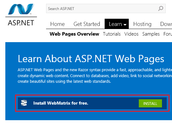 显示“安装 WebMatrix”按钮的 ASP.NET 网站
