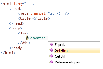 源编辑器的屏幕截图，其中显示了 Gravatar 帮助程序 IntelliSense 下拉列表，其中突出显示了黄色的“获取 H T M L”项。