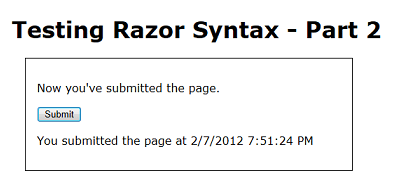 在 Web 浏览器中运行的测试 Razor 2 页面的屏幕截图，其中显示了页面提交后显示的时间戳消息。