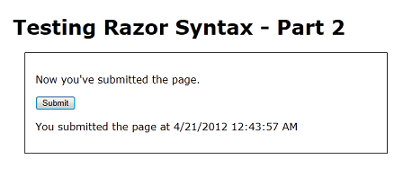 Web 浏览器中的“测试 Razor 2”页面的屏幕截图，该页面提交后，U R L 框中带有查询字符串。
