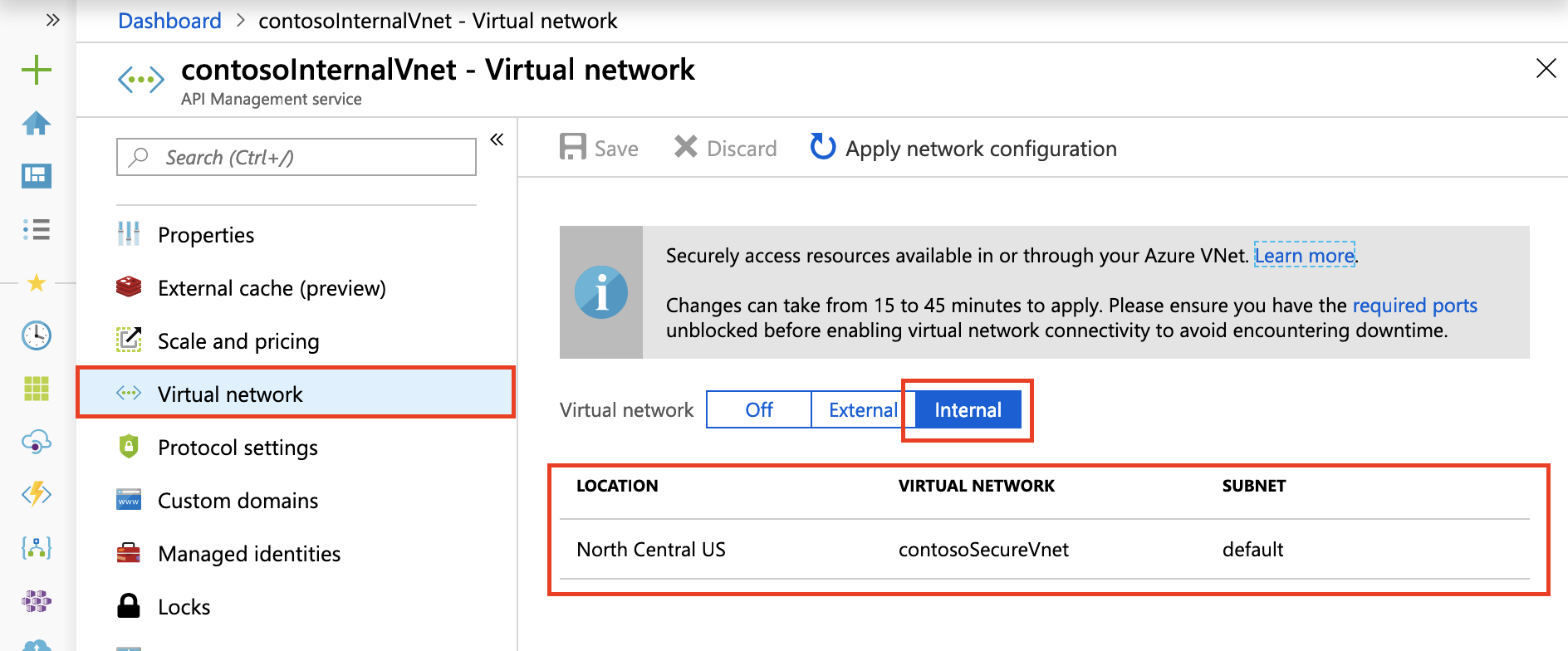 在 Azure 门户中设置内部 VNET