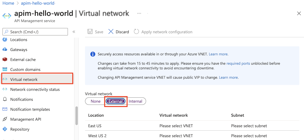 在 Azure 门户中选择 VNet。