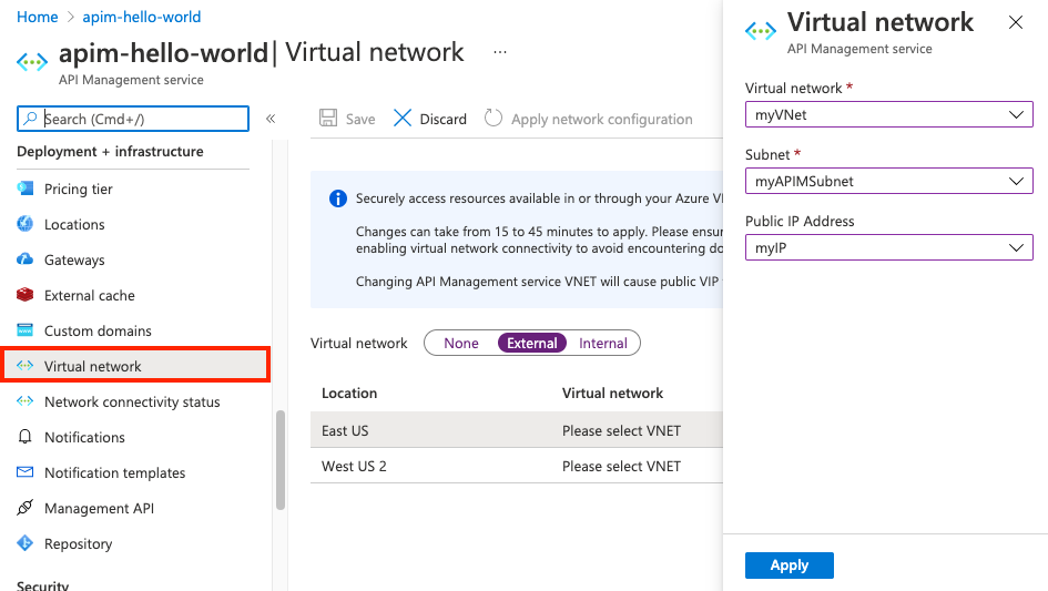 门户中的 VNet 设置。